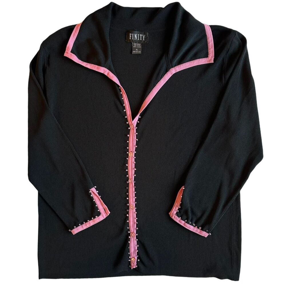 Finity Black & Pink‎ Beaded Collared Long Sleeve Top 2000s Y2K Mcbling Sz XL